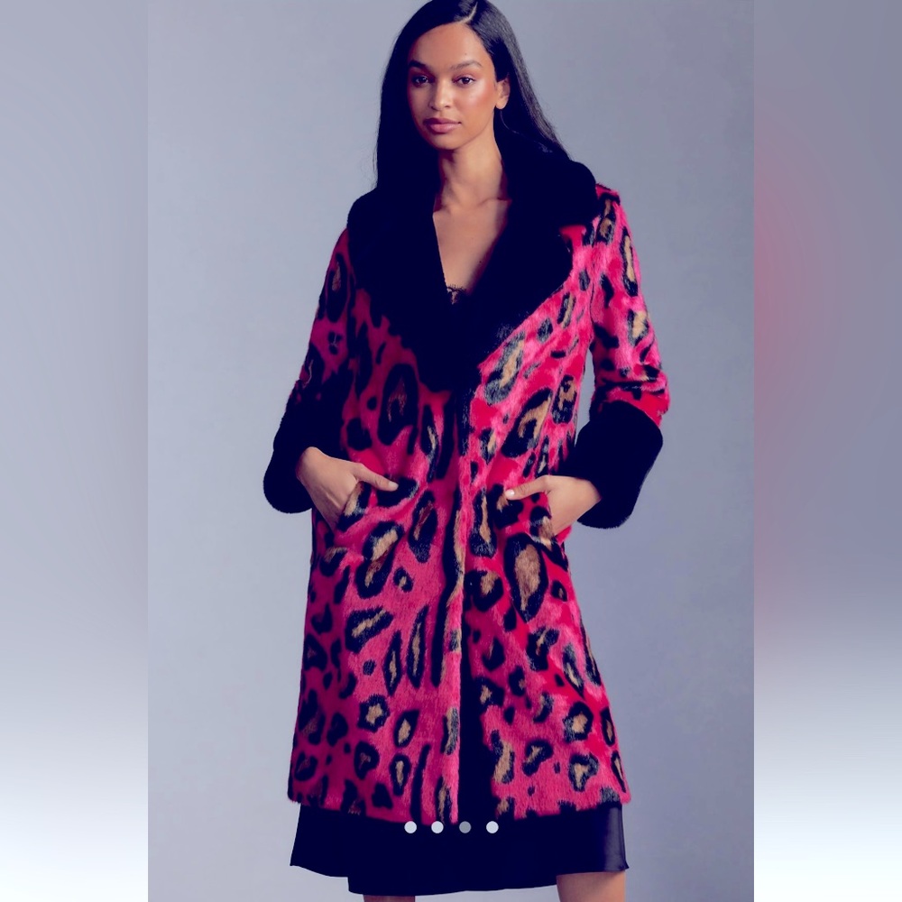 Anthropologie Chic Leopard Print Pink and Black Faux Fur Coat